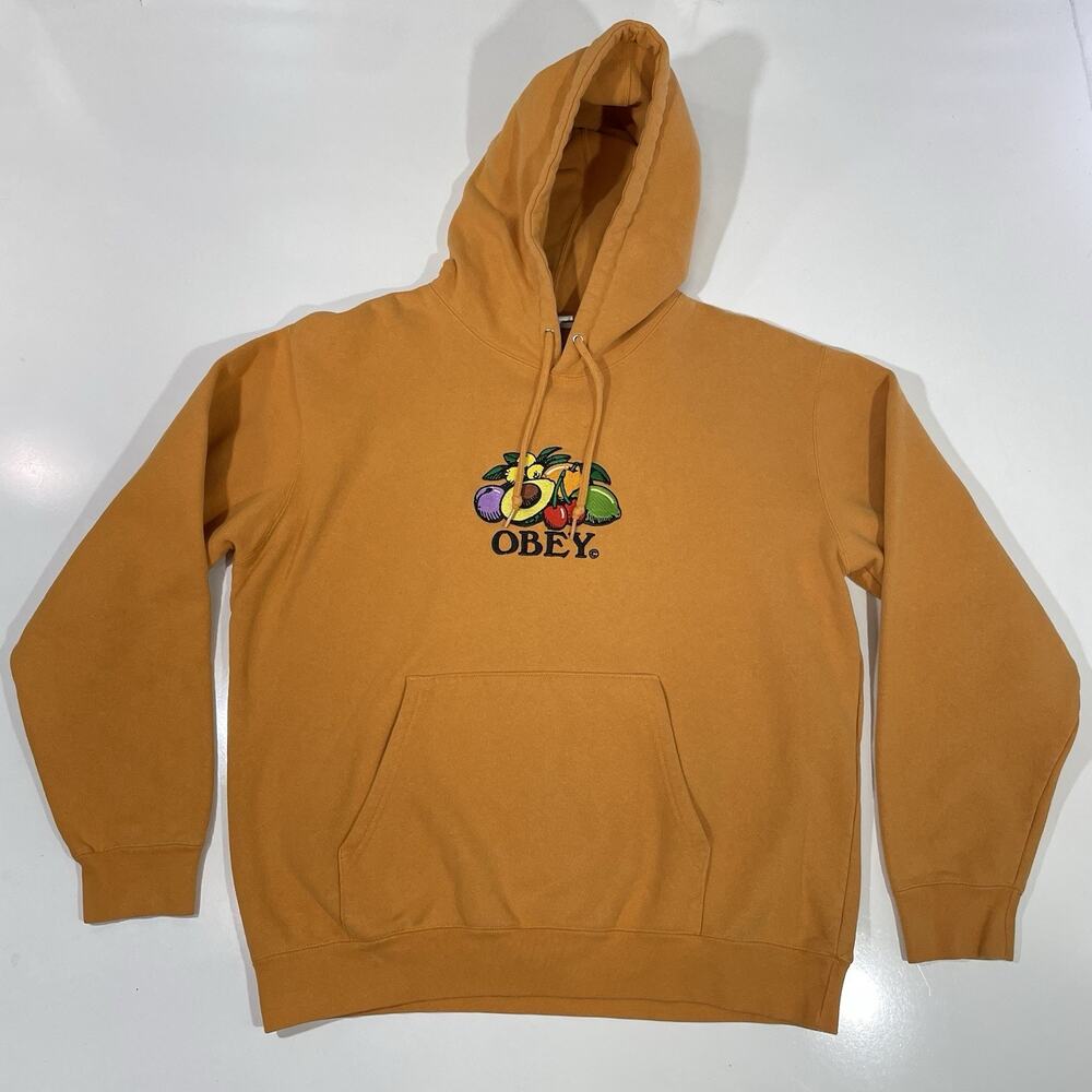 OBEY Fruit Basket Embroidered Hoodie Sun Dial Orange Mens Size Large Pullover